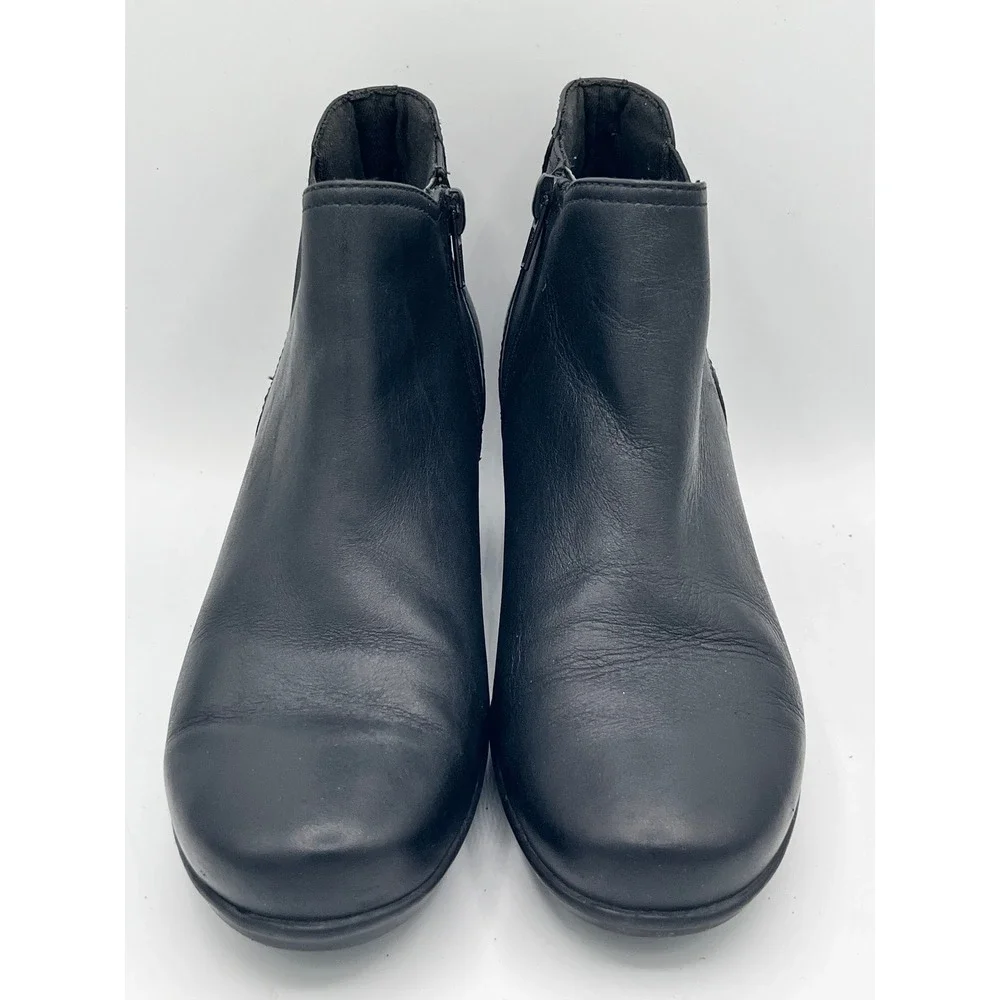 Clarks Women Black Leather Ankle Boots Block Heel Side Zip Booties Size 6.5M